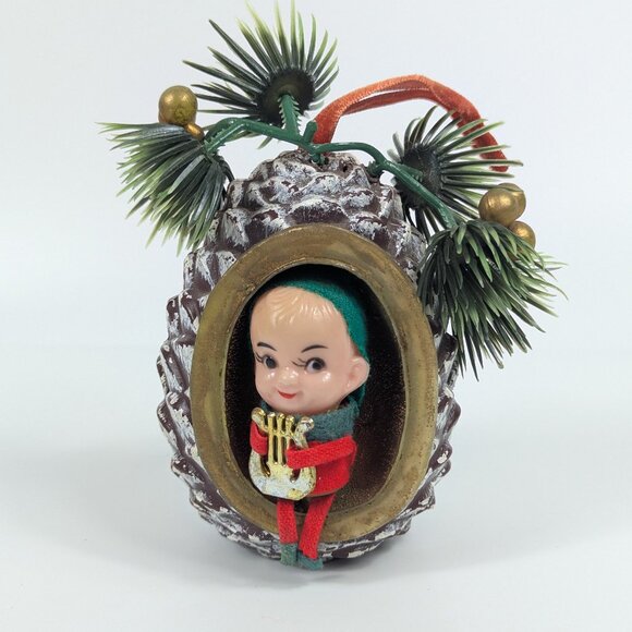 Vintage MCM Kitschy Pixie Elf Pine Cone Sachet Ornament - Picture 1 of 7